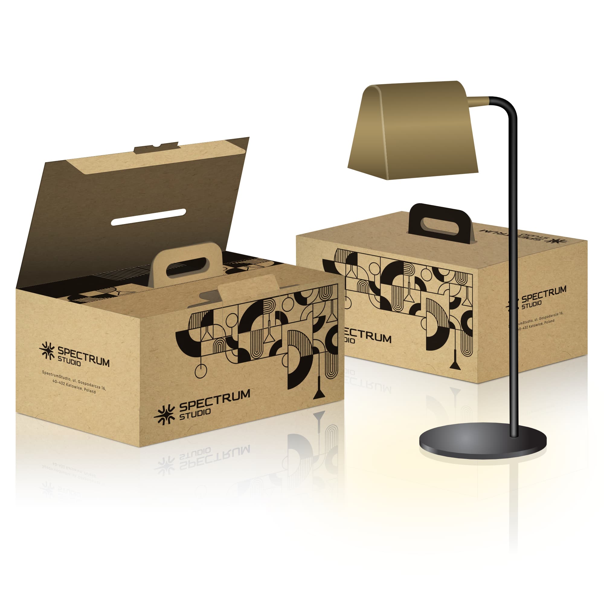 Render of a printed kraft box with a die-cut handle next to a table lamp