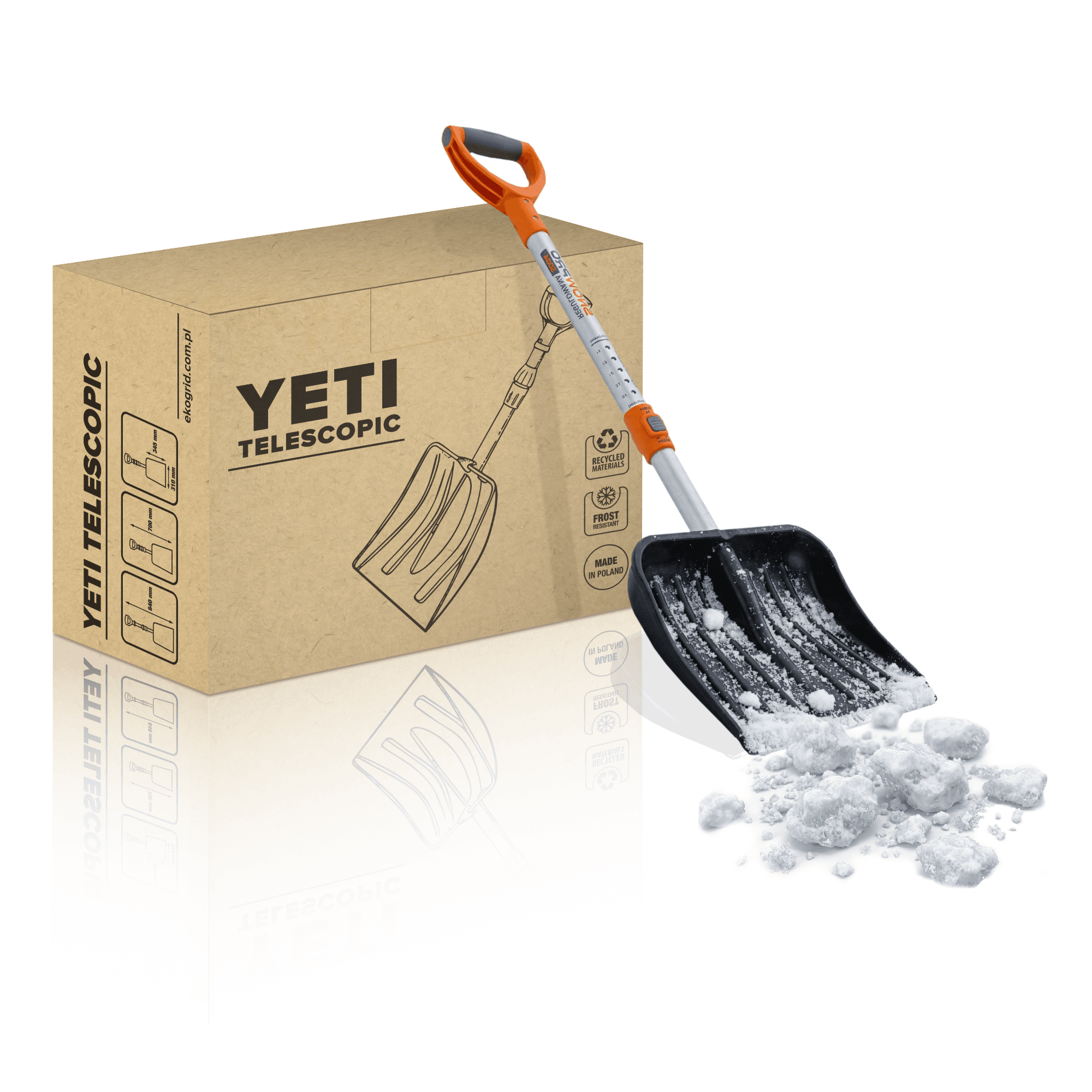 Render of a kraft carton with single-colour print next to a telescopic snow shovel