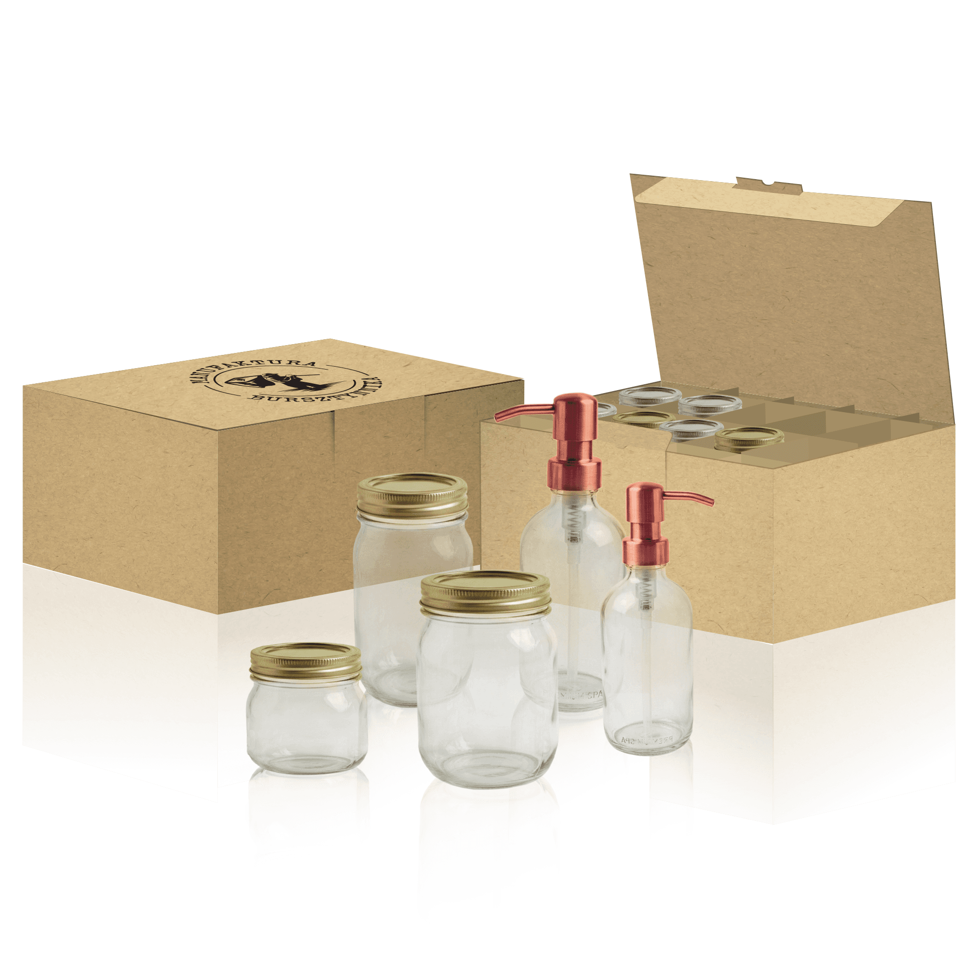 Render of a kraft box with a divider insert, glass jars and pump bottles